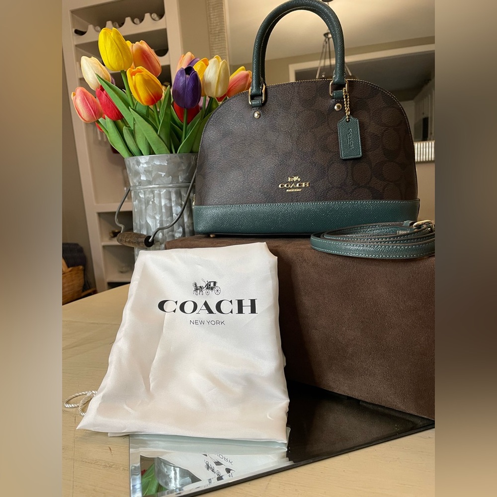 Coach Brown and Green Mini Sierra Satchel with Crossbody Strap